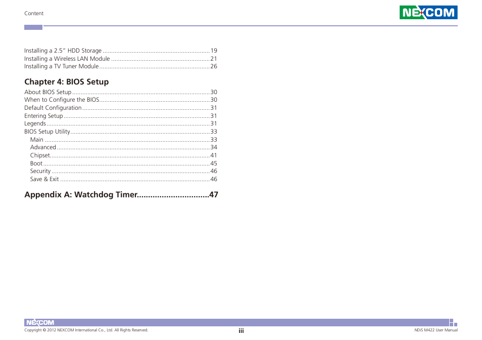 Chapter 4: bios setup, Appendix a: watchdog timer | NEXCOM NDiS M422 User Manual | Page 3 / 62