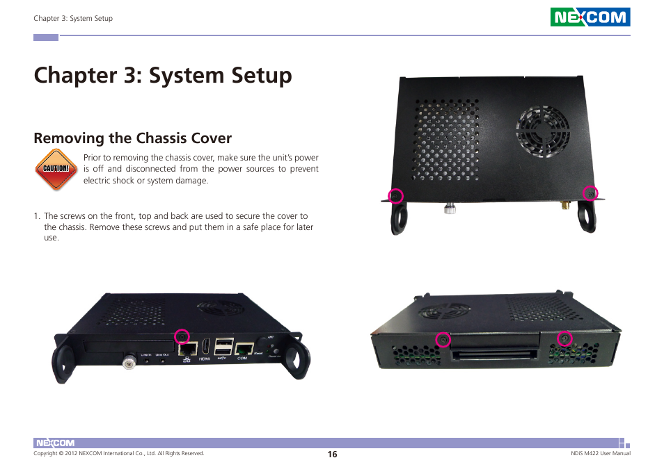 Chapter 3: system setup, Removing the chassis cover | NEXCOM NDiS M422 User Manual | Page 30 / 62