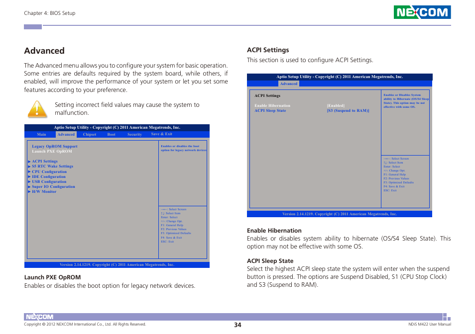 Advanced, Acpi settings | NEXCOM NDiS M422 User Manual | Page 48 / 62