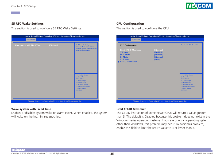 S5 rtc wake settings, Cpu configuration | NEXCOM NDiS M422 User Manual | Page 49 / 62