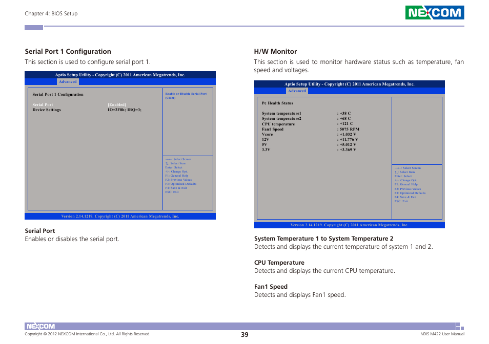 Serial port 1 configuration, H/w monitor | NEXCOM NDiS M422 User Manual | Page 53 / 62