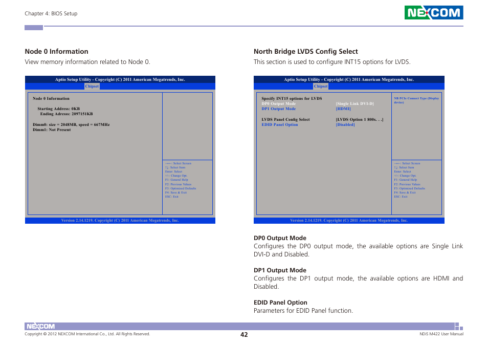 Node 0 information, North bridge lvds config select | NEXCOM NDiS M422 User Manual | Page 56 / 62