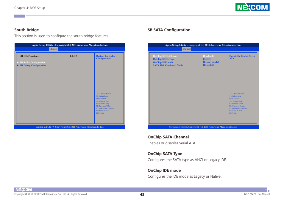 South bridge, Sb sata configuration onchip sata channel, Onchip sata type | Onchip ide mode | NEXCOM NDiS M422 User Manual | Page 57 / 62