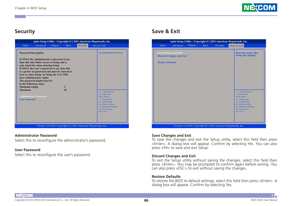 Security save & exit, Security, Save & exit | NEXCOM NDiS M422 User Manual | Page 60 / 62