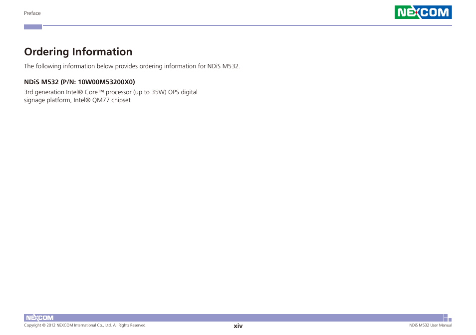 Ordering information | NEXCOM NDiS M532 User Manual | Page 14 / 67