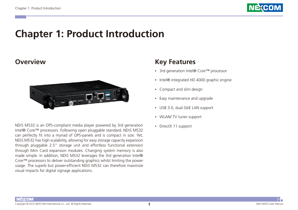 Chapter 1: product introduction, Overview key features, Key features | Overview | NEXCOM NDiS M532 User Manual | Page 15 / 67