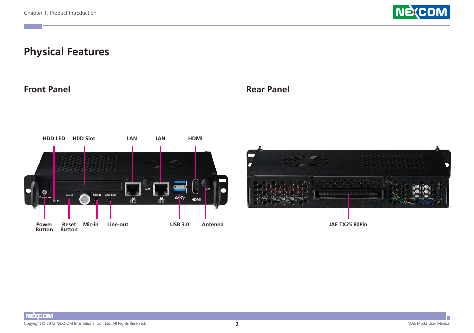 Physical features, Front panel rear panel | NEXCOM NDiS M532 User Manual | Page 16 / 67