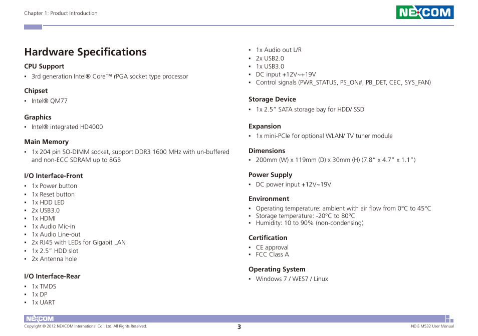 Hardware specifications | NEXCOM NDiS M532 User Manual | Page 17 / 67