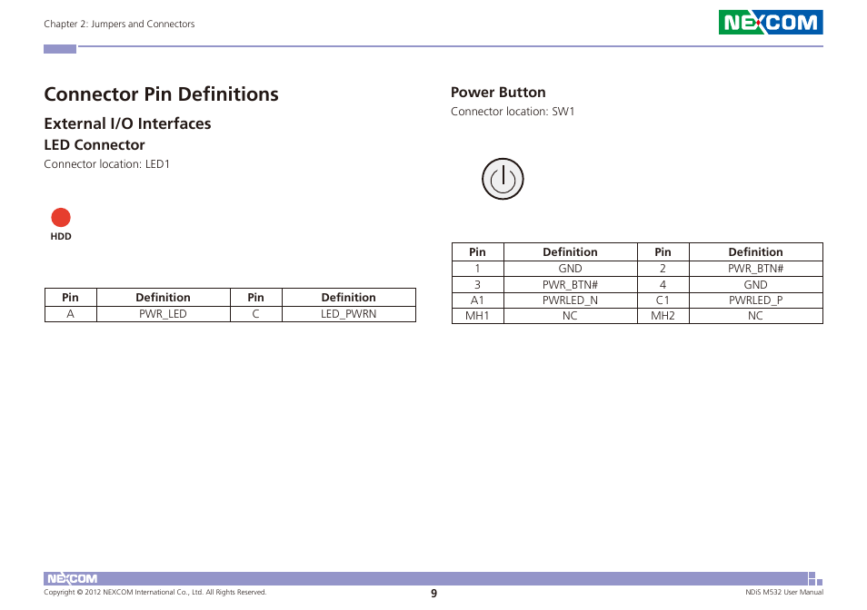 Connector pin definitions, External i/o interfaces, Led connector power button | Led connector, Power button | NEXCOM NDiS M532 User Manual | Page 23 / 67
