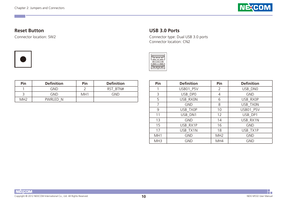 Reset button usb 3.0 ports, Reset button, Usb 3.0 ports | NEXCOM NDiS M532 User Manual | Page 24 / 67