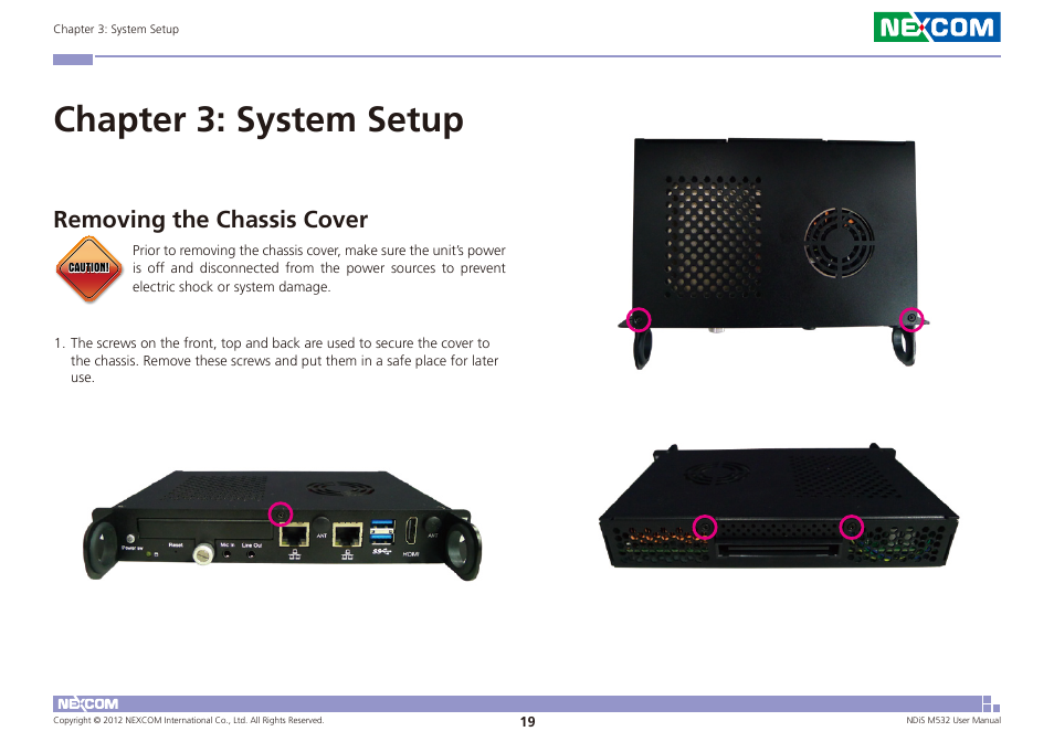 Chapter 3: system setup, Removing the chassis cover | NEXCOM NDiS M532 User Manual | Page 33 / 67