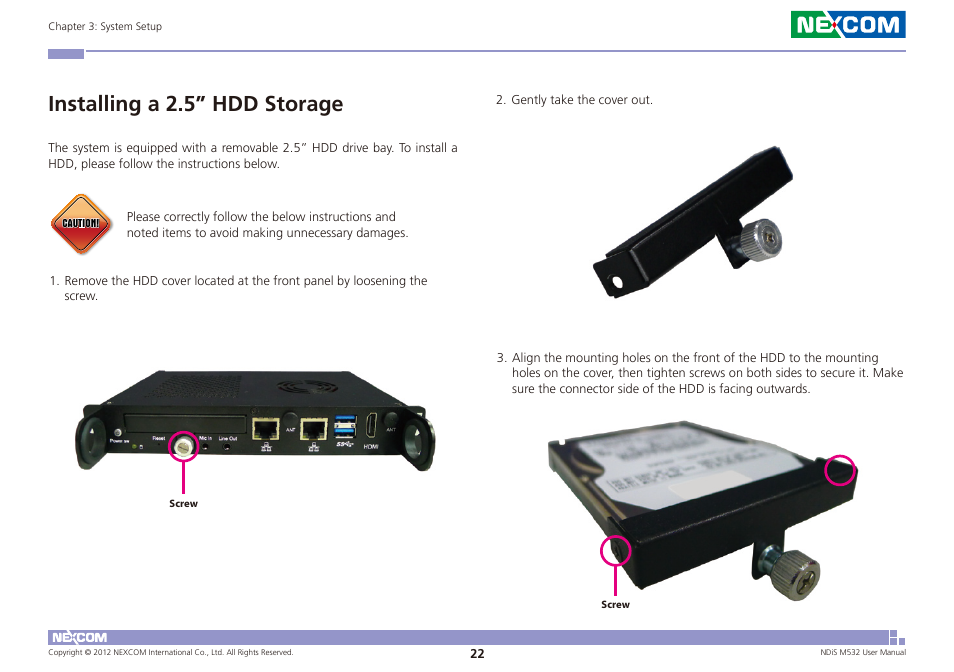 Installing a 2.5” hdd storage | NEXCOM NDiS M532 User Manual | Page 36 / 67