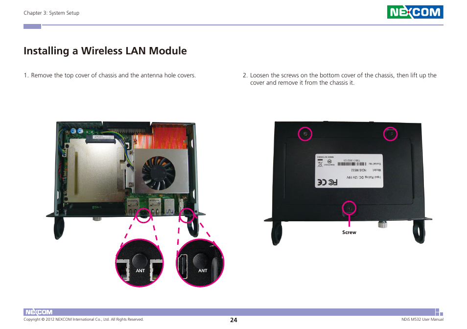 Installing a wireless lan module | NEXCOM NDiS M532 User Manual | Page 38 / 67