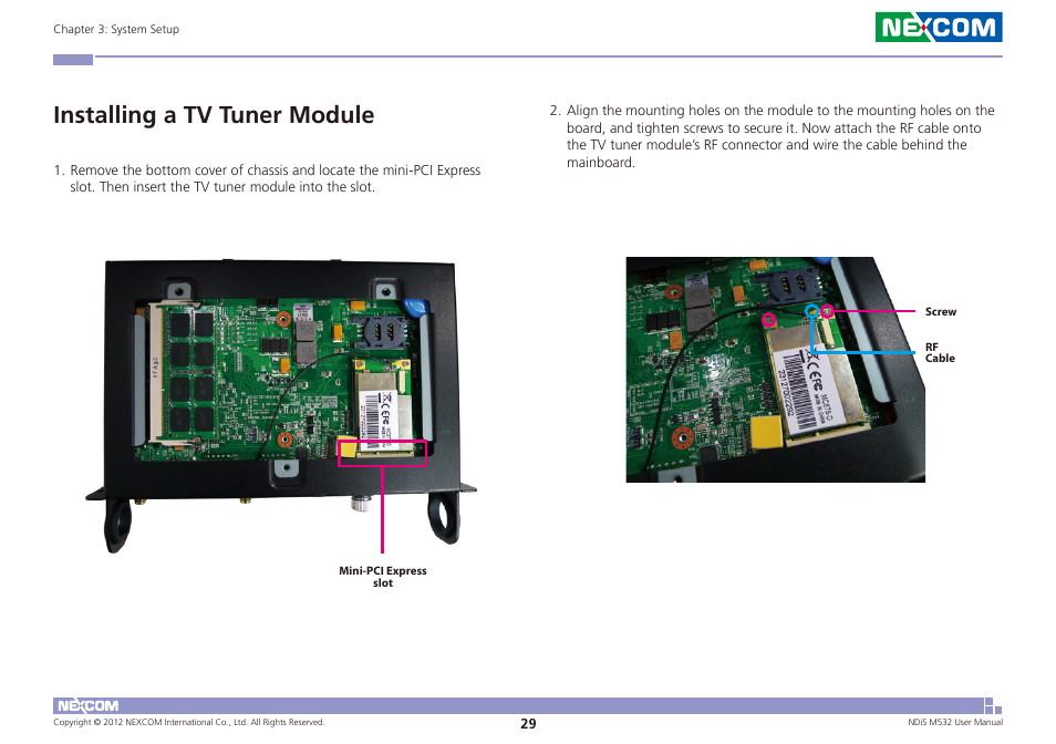 Installing a tv tuner module | NEXCOM NDiS M532 User Manual | Page 43 / 67