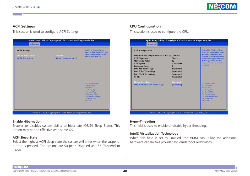 Acpi settings, Cpu configuration | NEXCOM NDiS M532 User Manual | Page 54 / 67