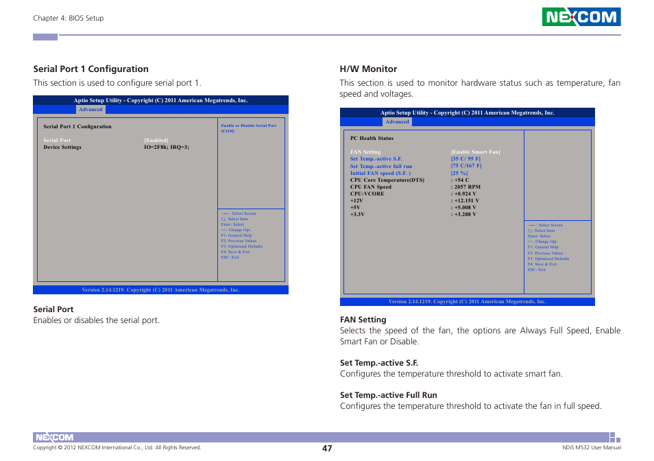 Serial port 1 configuration, H/w monitor | NEXCOM NDiS M532 User Manual | Page 61 / 67