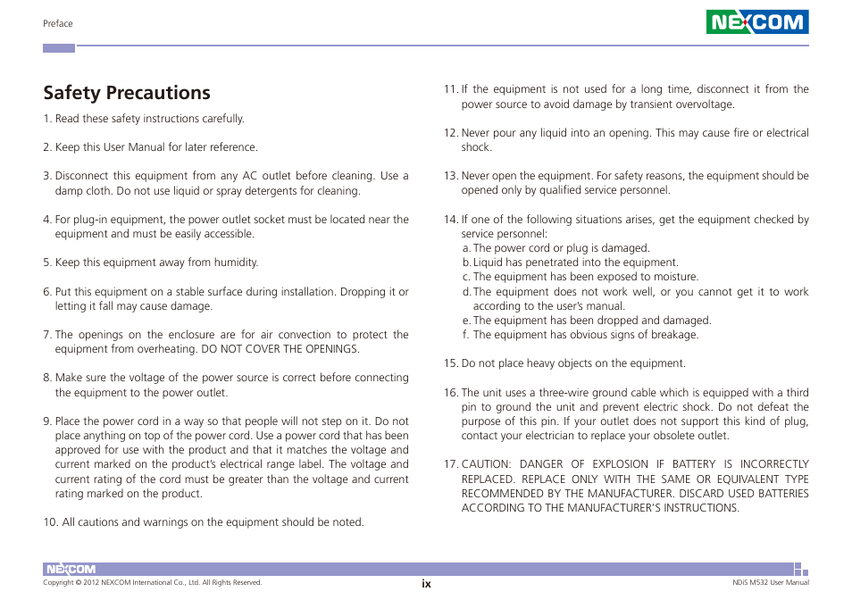 Safety precautions | NEXCOM NDiS M532 User Manual | Page 9 / 67