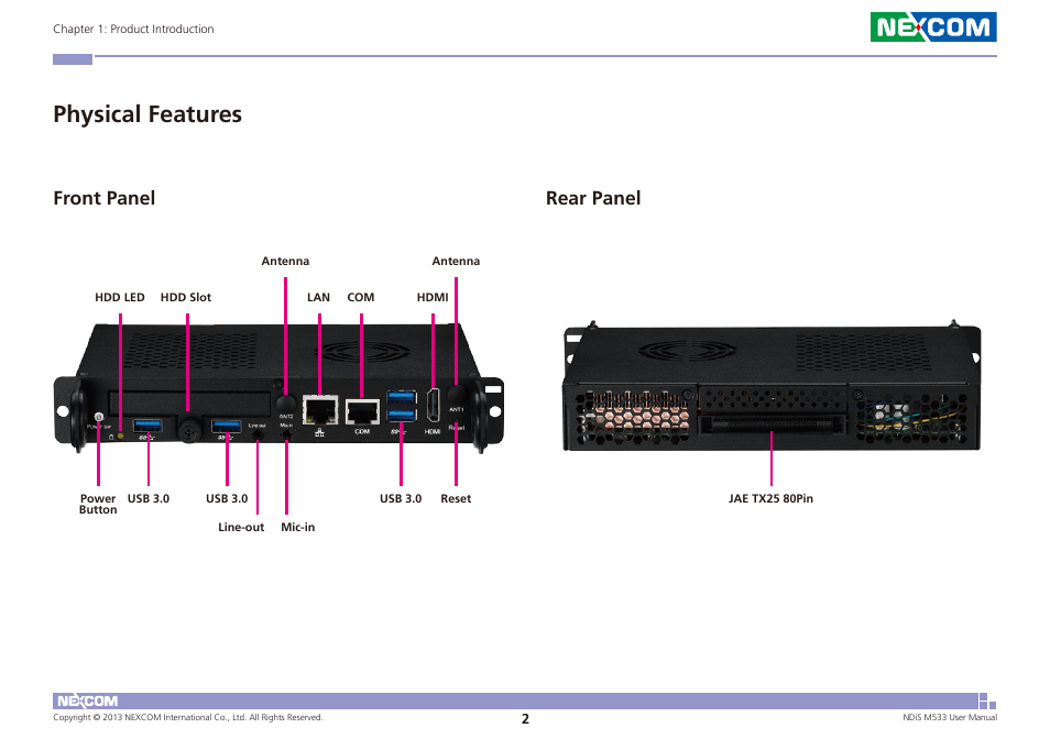 Physical features, Front panel rear panel | NEXCOM NDiS M533 User Manual | Page 16 / 66