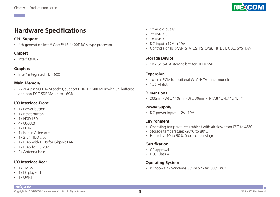 Hardware specifications | NEXCOM NDiS M533 User Manual | Page 17 / 66