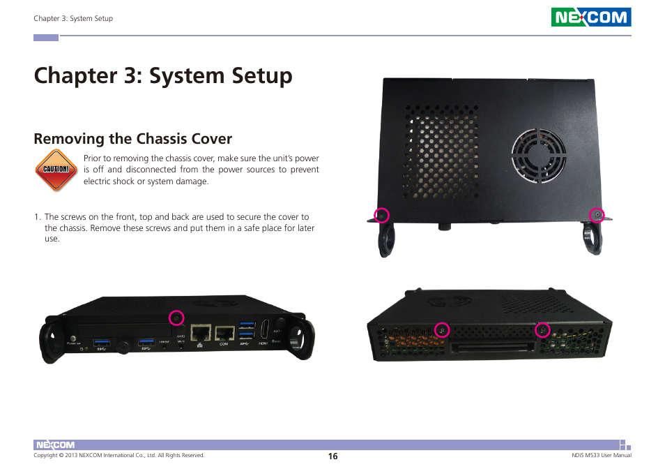 Chapter 3: system setup, Removing the chassis cover | NEXCOM NDiS M533 User Manual | Page 30 / 66