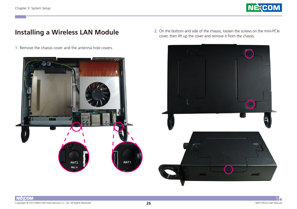 Installing a wireless lan module | NEXCOM NDiS M533 User Manual | Page 40 / 66