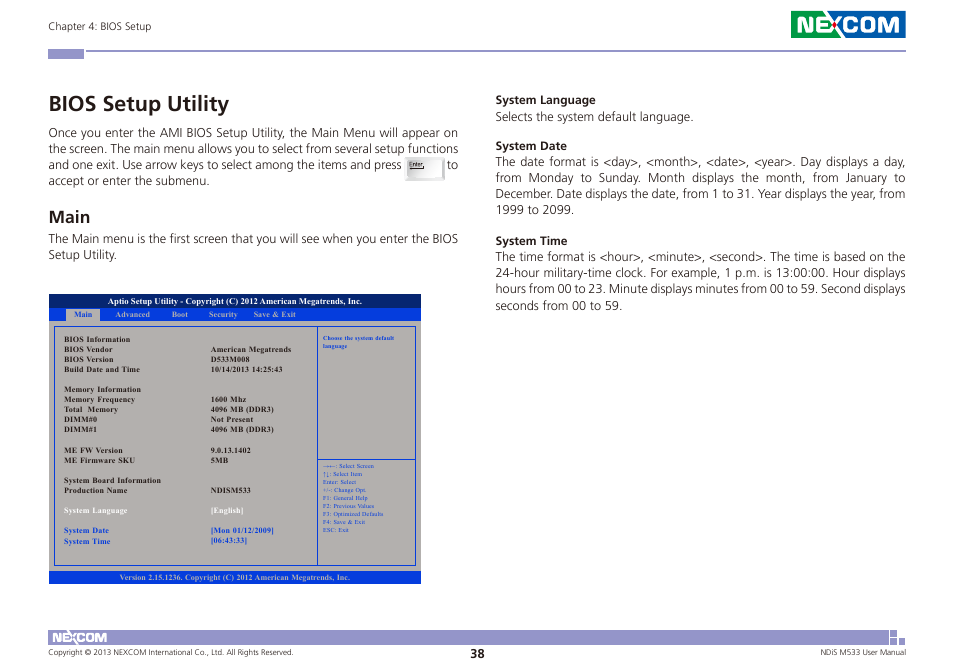 Bios setup utility, Main | NEXCOM NDiS M533 User Manual | Page 52 / 66