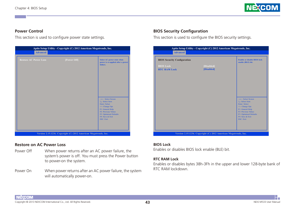 Power control, Restore on ac power loss, Bios security configuration | NEXCOM NDiS M533 User Manual | Page 57 / 66