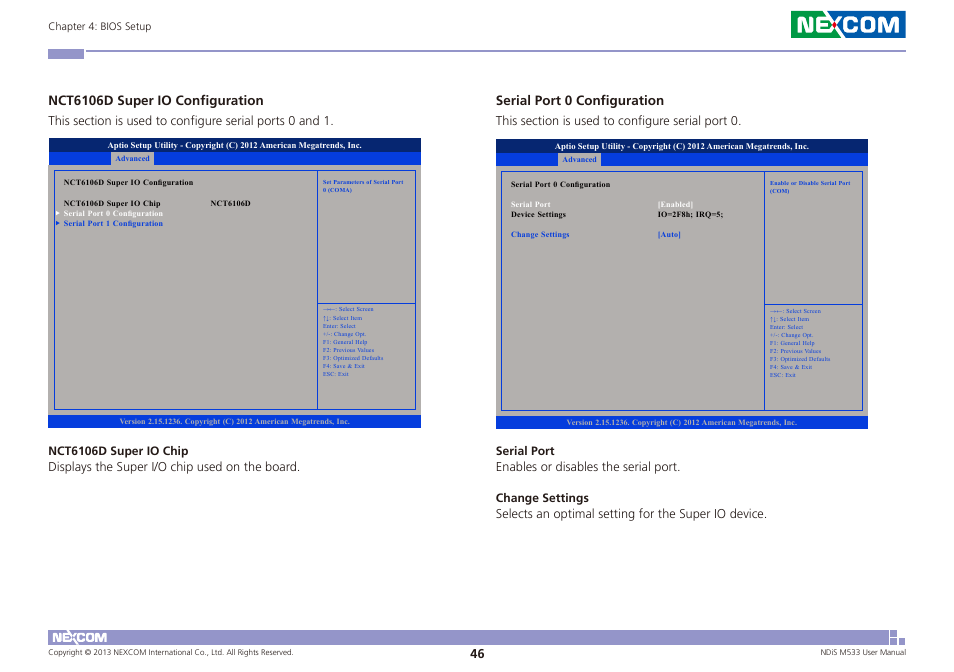 Nct6106d super io configuration, Serial port 0 configuration | NEXCOM NDiS M533 User Manual | Page 60 / 66