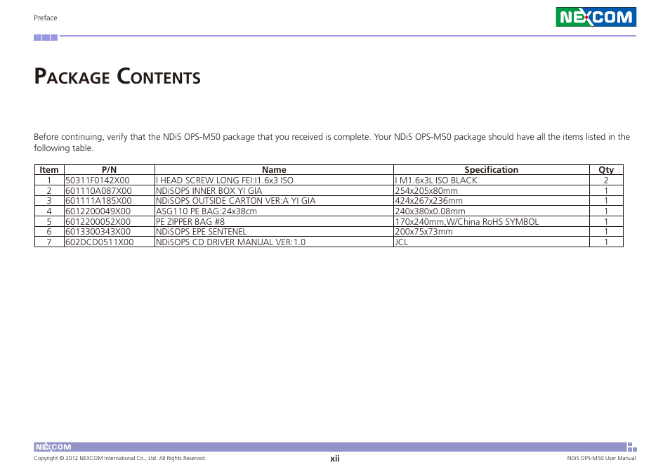 Ackage, Ontents | NEXCOM NDiS OPS-M50 User Manual | Page 12 / 94