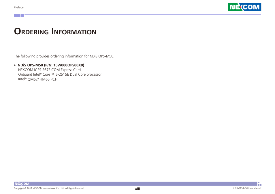 Rdering, Nformation | NEXCOM NDiS OPS-M50 User Manual | Page 13 / 94