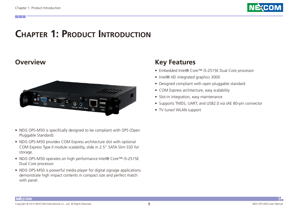 Hapter, Roduct, Ntroduction | Overview, Key features | NEXCOM NDiS OPS-M50 User Manual | Page 14 / 94