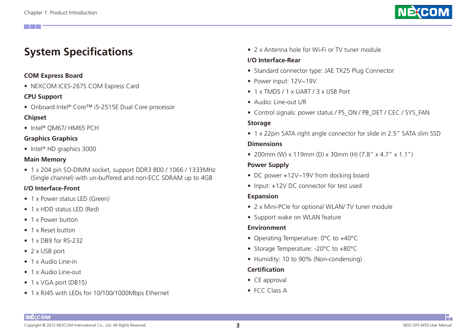 System specifications | NEXCOM NDiS OPS-M50 User Manual | Page 16 / 94