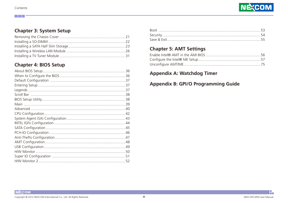 Chapter 3: system setup, Chapter 4: bios setup, Chapter 5: amt settings | NEXCOM NDiS OPS-M50 User Manual | Page 3 / 94