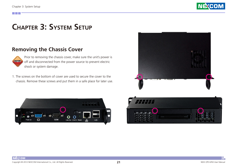 Hapter, Ystem, Etup | Removing the chassis cover | NEXCOM NDiS OPS-M50 User Manual | Page 34 / 94