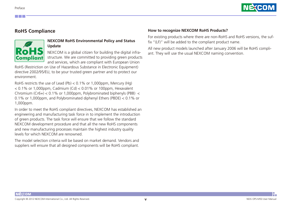 Rohs compliance | NEXCOM NDiS OPS-M50 User Manual | Page 5 / 94