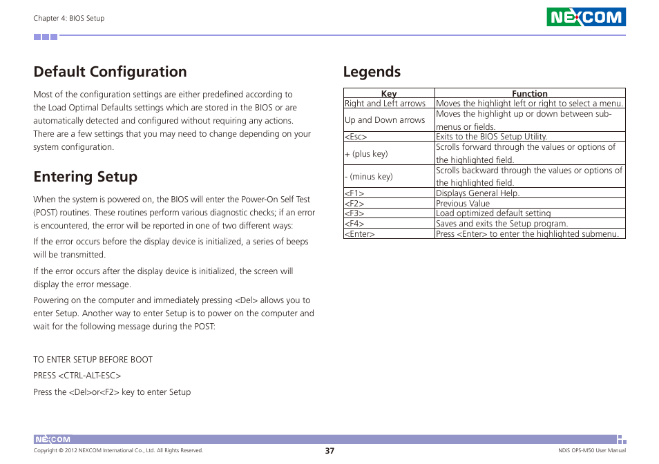 Default configuration, Entering setup, Legends | NEXCOM NDiS OPS-M50 User Manual | Page 52 / 94