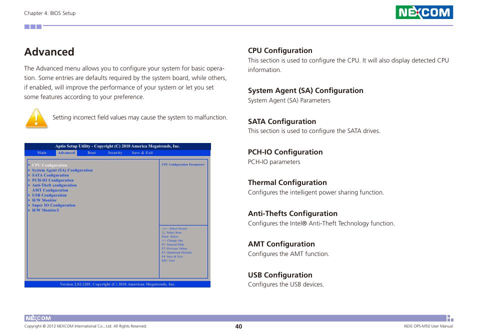 Advanced, Cpu configuration, System agent (sa) configuration | Sata configuration, Pch-io configuration, Thermal configuration, Anti-thefts configuration, Amt configuration, Usb configuration | NEXCOM NDiS OPS-M50 User Manual | Page 55 / 94