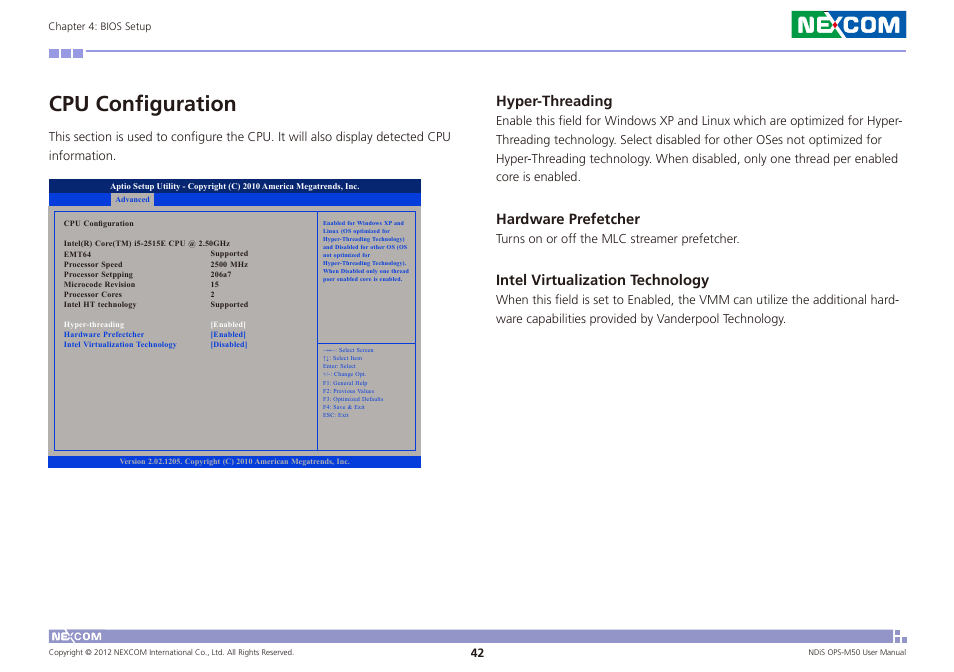 Cpu configuration, Hyper-threading, Hardware prefetcher | Intel virtualization technology | NEXCOM NDiS OPS-M50 User Manual | Page 57 / 94