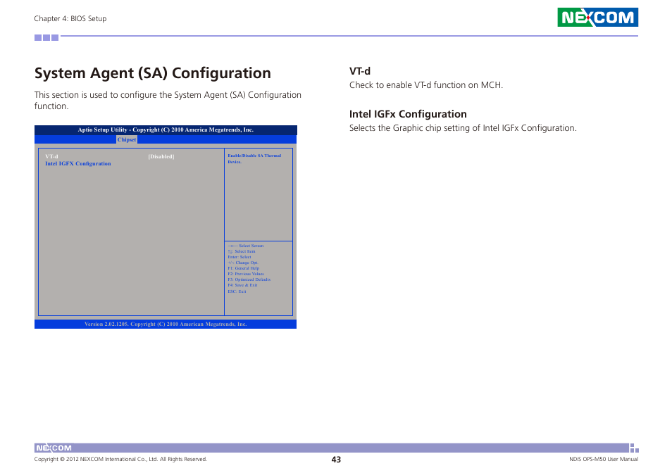 System agent (sa) configuration, Vt-d, Intel igfx configuration | NEXCOM NDiS OPS-M50 User Manual | Page 58 / 94