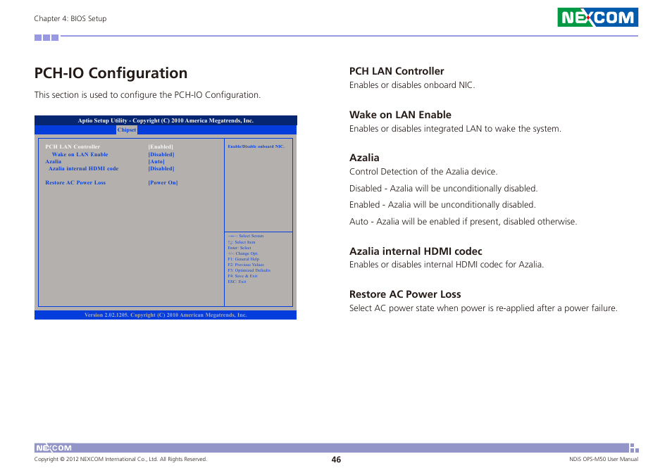 Pch-io configuration, Pch lan controller, Wake on lan enable | Azalia, Azalia internal hdmi codec, Restore ac power loss | NEXCOM NDiS OPS-M50 User Manual | Page 61 / 94