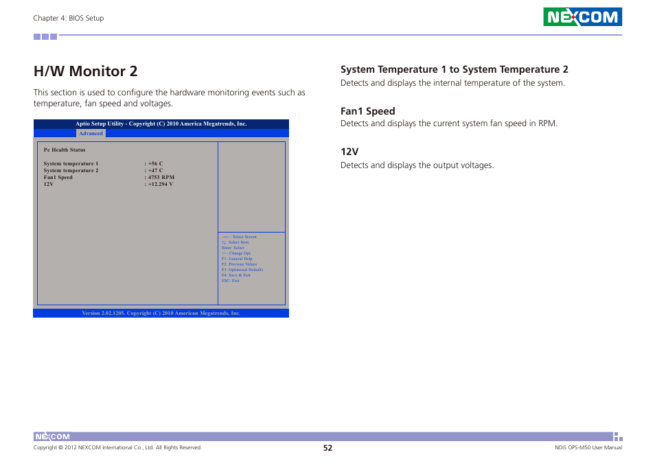 H/w monitor 2, System temperature 1 to system temperature 2, Fan1 speed | NEXCOM NDiS OPS-M50 User Manual | Page 67 / 94