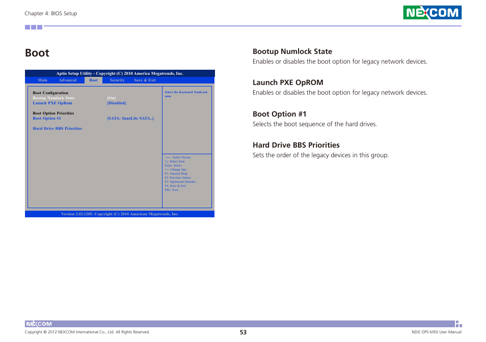 Boot, Bootup numlock state, Launch pxe oprom | Boot option #1, Hard drive bbs priorities | NEXCOM NDiS OPS-M50 User Manual | Page 68 / 94