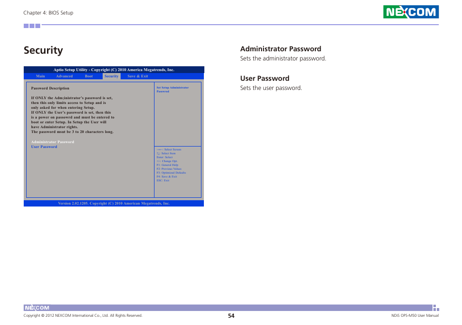 Security, Administrator password, User password | NEXCOM NDiS OPS-M50 User Manual | Page 69 / 94