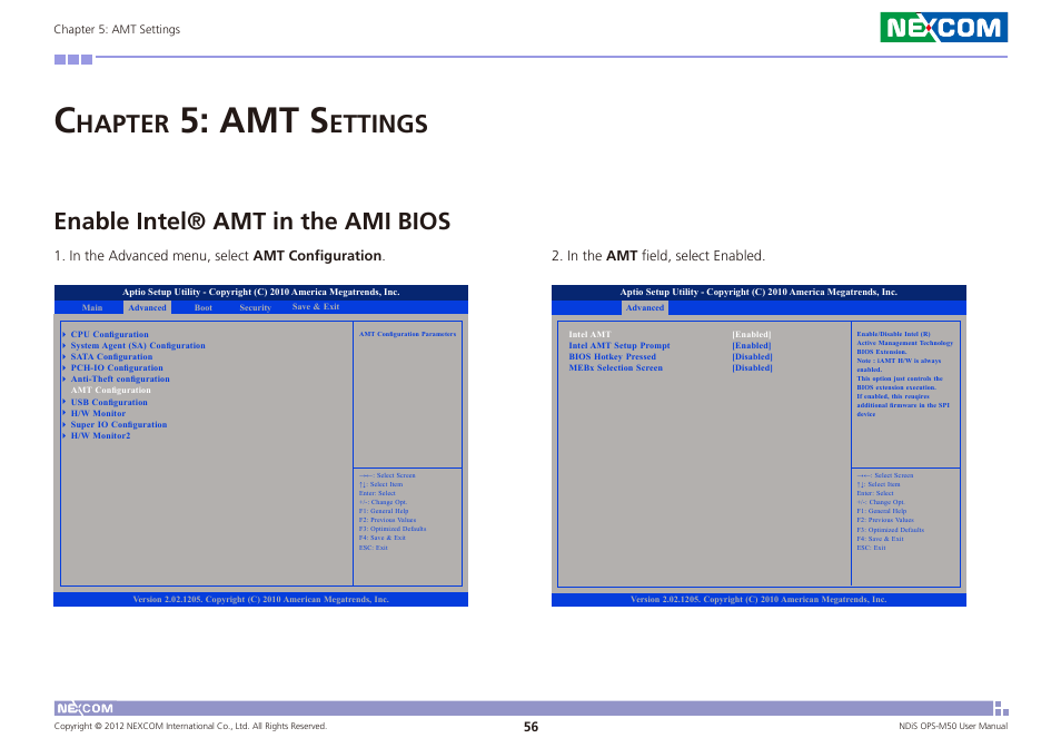 Amt s, Hapter, Ettings | Enable intel® amt in the ami bios | NEXCOM NDiS OPS-M50 User Manual | Page 71 / 94