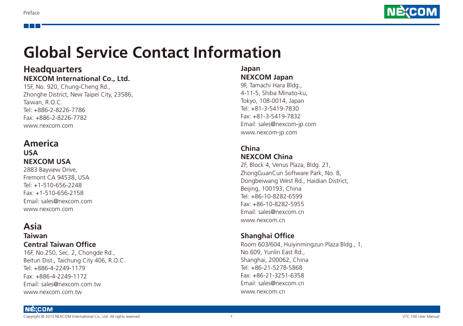 Global service contact information, Headquarters, America | Asia | NEXCOM VTC 100 User Manual | Page 10 / 61