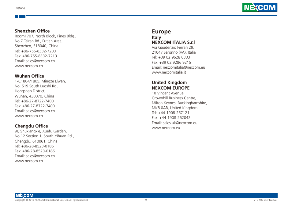 Europe | NEXCOM VTC 100 User Manual | Page 11 / 61