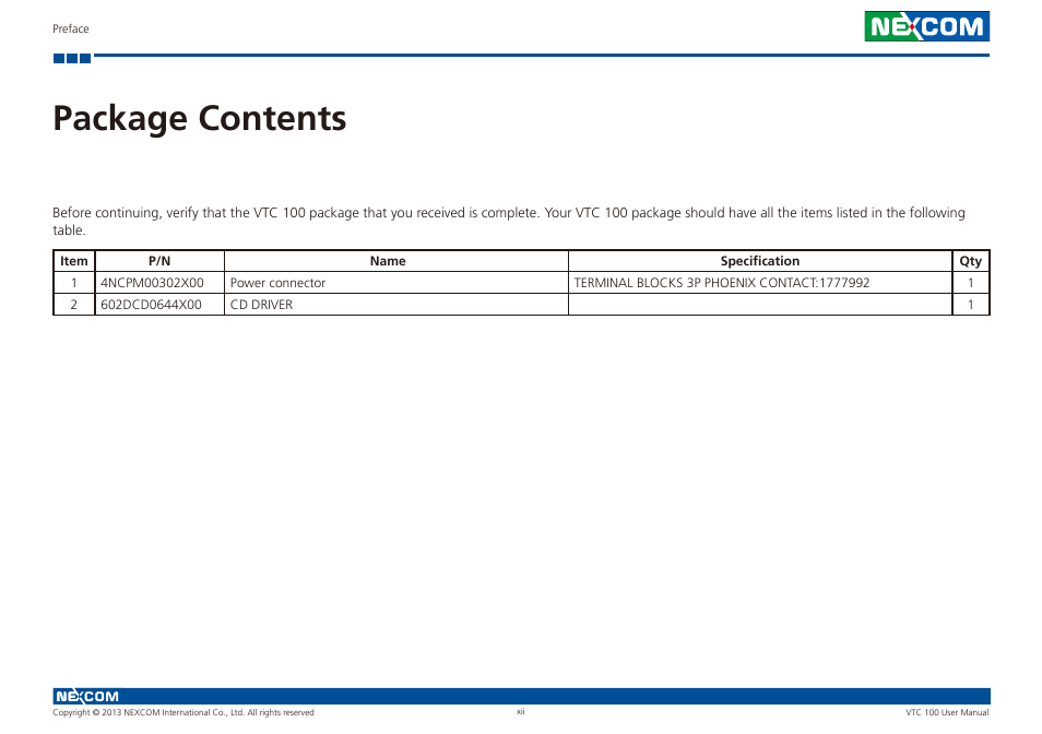 Package contents | NEXCOM VTC 100 User Manual | Page 12 / 61