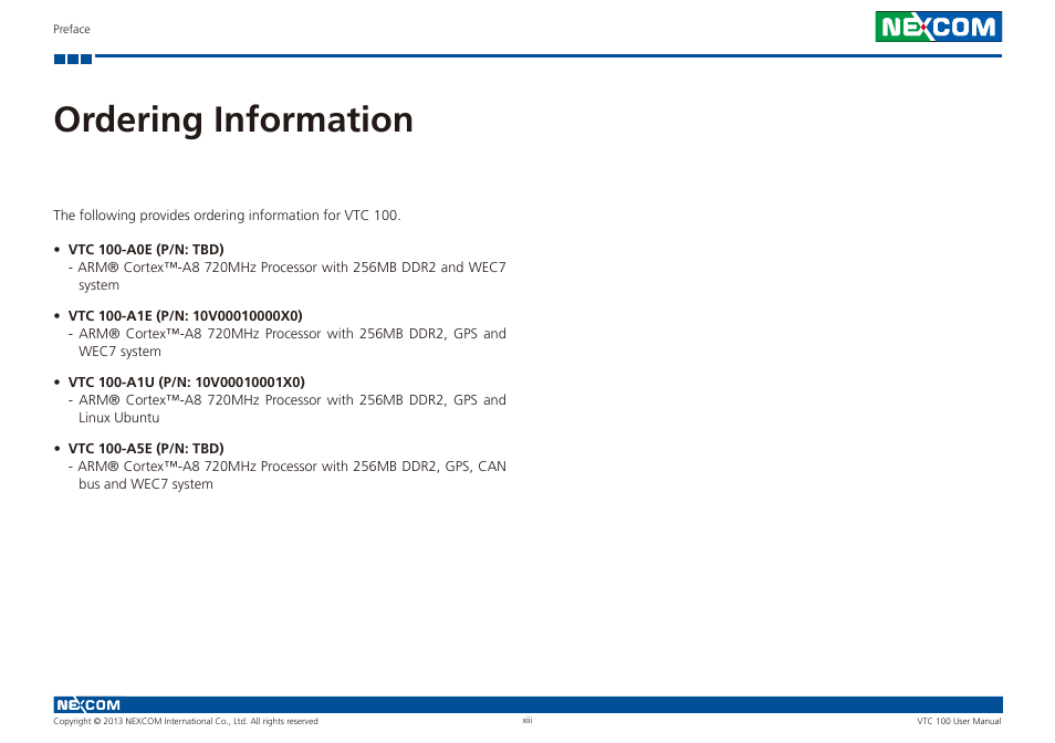 Ordering information | NEXCOM VTC 100 User Manual | Page 13 / 61