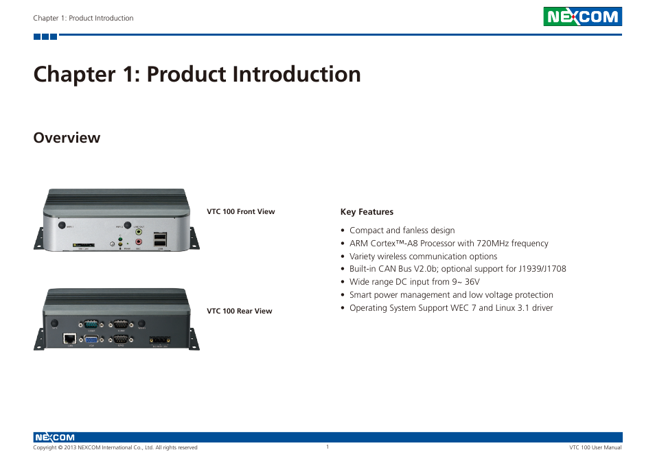 Chapter 1: product introduction, Overview | NEXCOM VTC 100 User Manual | Page 14 / 61