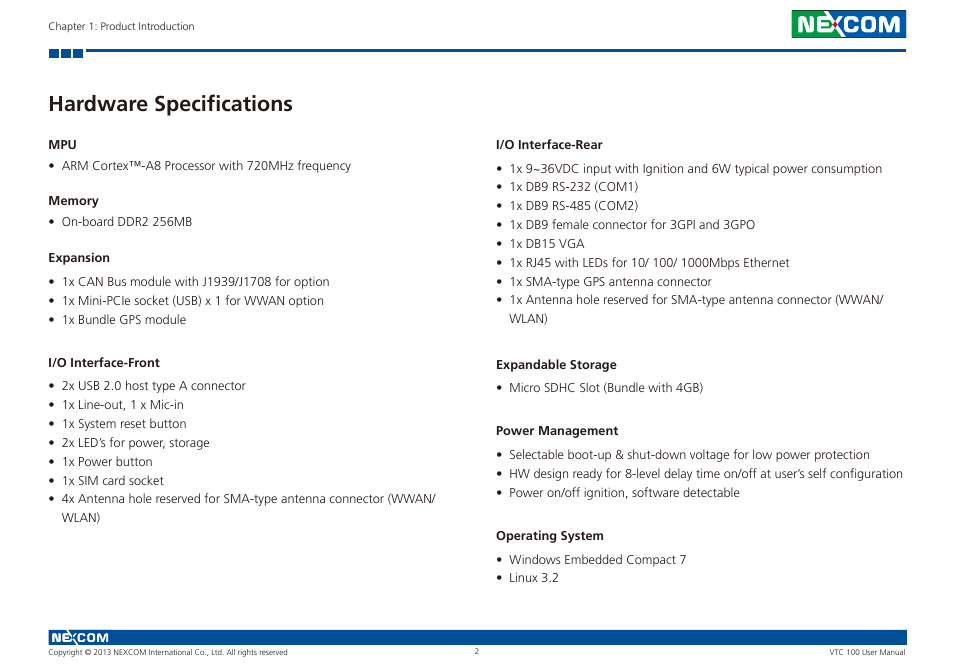 Hardware specifications | NEXCOM VTC 100 User Manual | Page 15 / 61